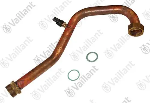 Vaillant Rohr mit einer gebogenen Form, einem Anschlussstück und zwei Dichtungsringen, geeignet für Heizungsanwendungen.